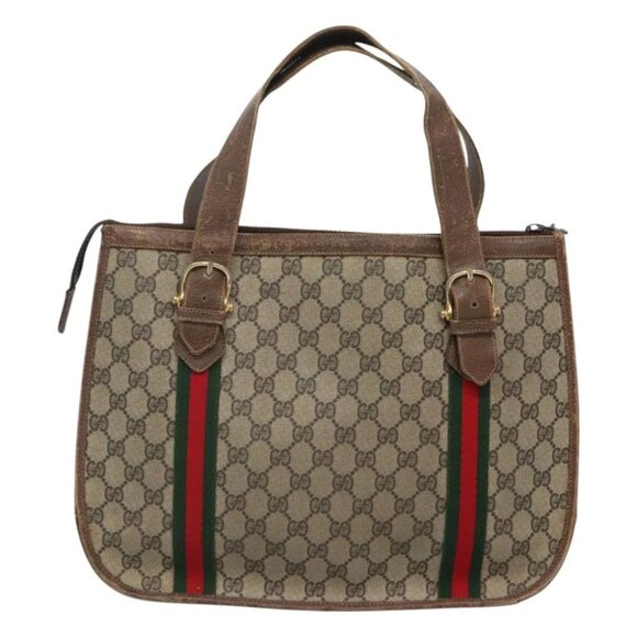 GUCCI GG Supreme Web Sherry Line Hand Bag PVC Beige Gold Auth ar13384 - Picture 4 of 14
